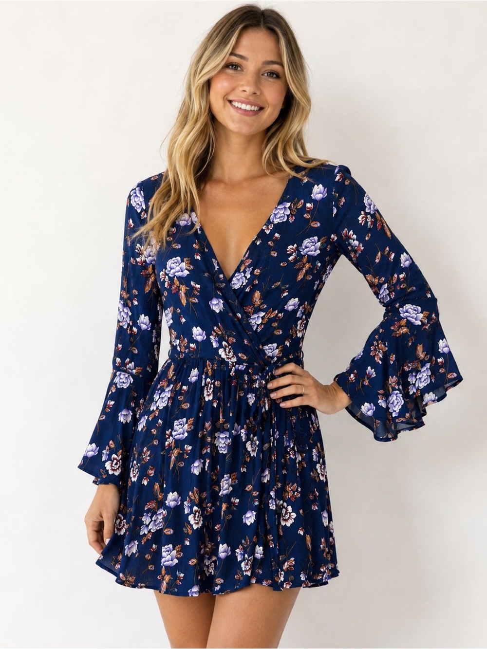 American Eagle XS Navy Floral Wrap Mini Dress Bell Sleeve Boho NWOT
